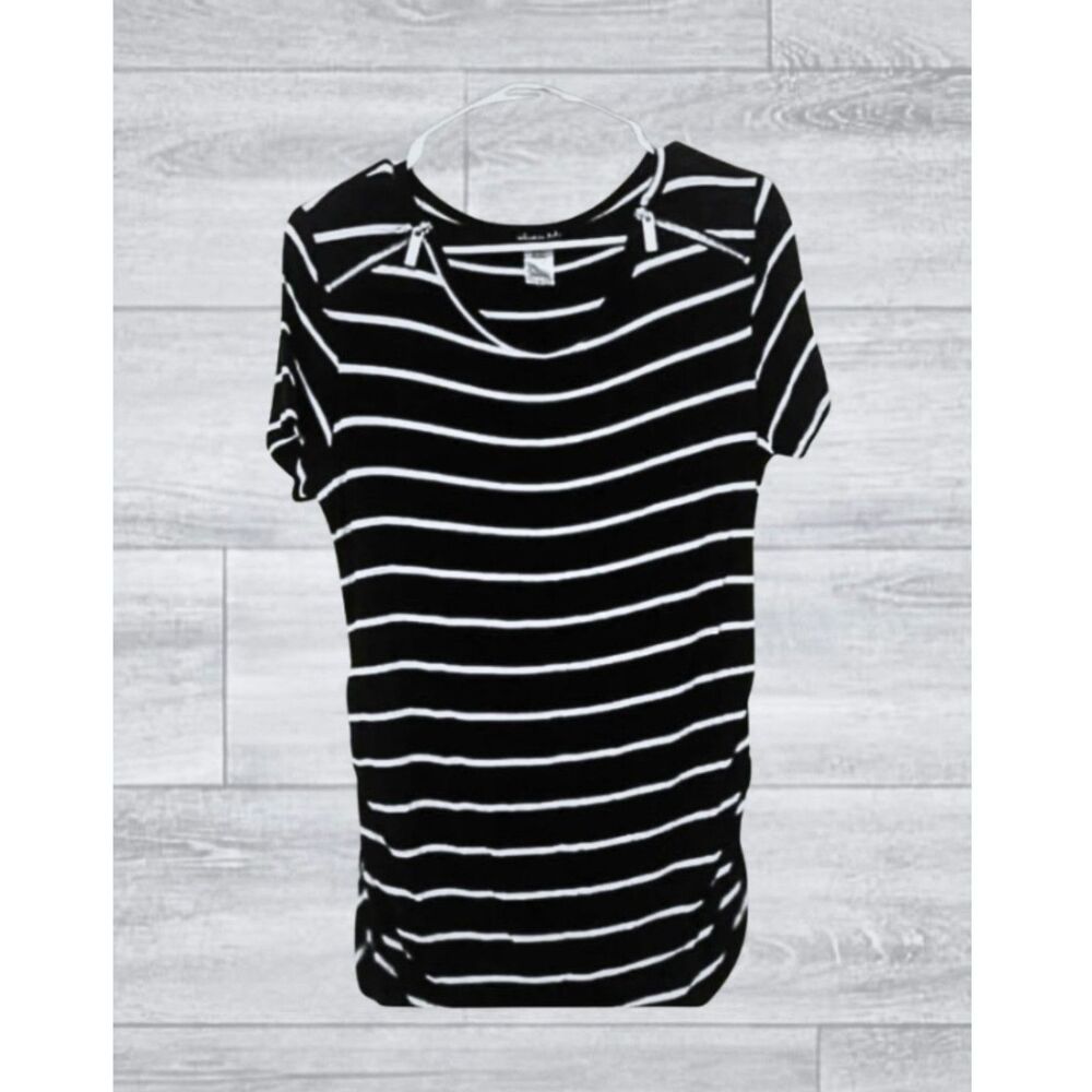 Olivia Blu Maternity Zipper Shoulder Stripe Tee Blue Medium